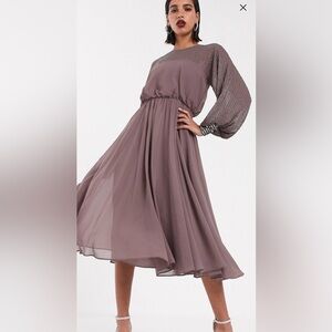 ASOS DESIGN midi dress with linear yoke embellishment in mauve